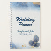Elegant blauw goud bladeren botanische bruiloft planner (Voorkant)
