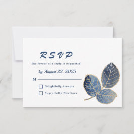 Elegant blauw goud bladeren botanische bruiloft RSVP kaartje
