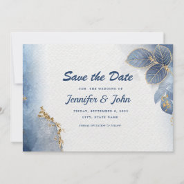 Elegant blauw goud bladeren botanische bruiloft save the date