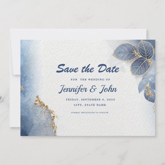 Elegant blauw goud bladeren botanische bruiloft save the date (Voorkant)