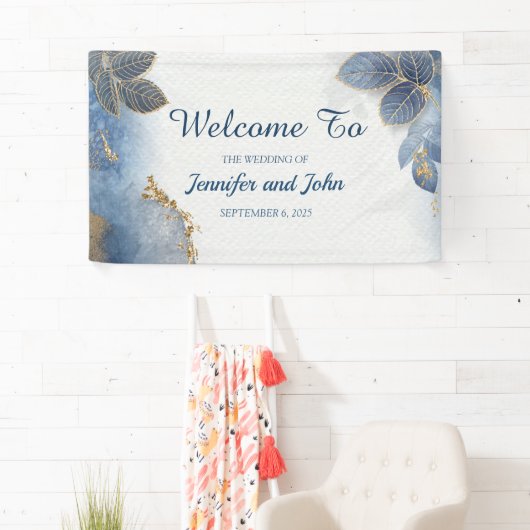 Elegant blauw goud bladeren botanische bruiloft spandoek (Insitu)