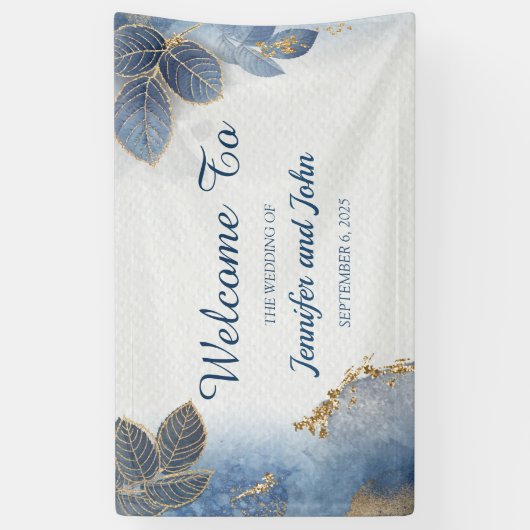 Elegant blauw goud bladeren botanische bruiloft spandoek (Verticaal)