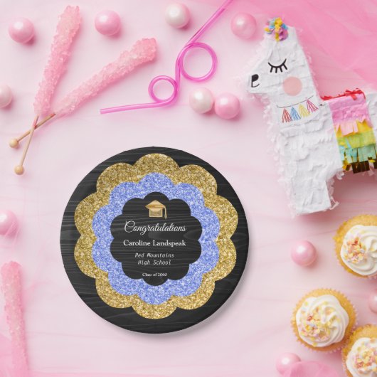 Elegant Blauw Goud Bloemen Afstudeerfeest Papieren Bordje (Feest)