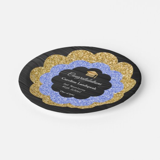 Elegant Blauw Goud Bloemen Afstudeerfeest Papieren Bordje (Gekanteld)