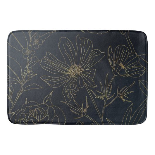 Elegant Blauw Goud Bloemen Botanisch Badmat (Voorkant)