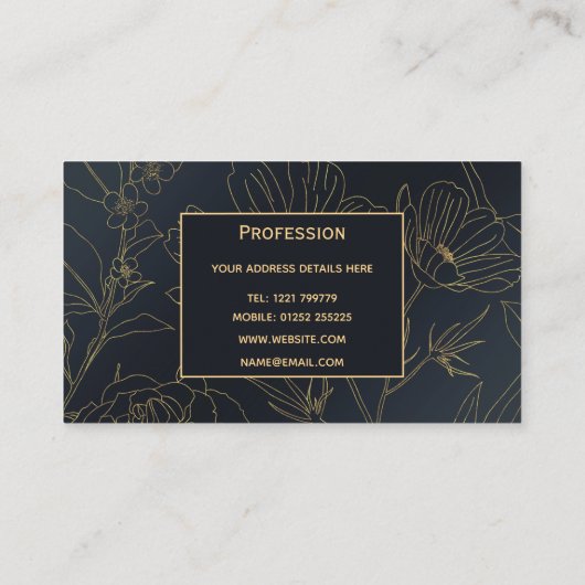 Elegant Blauw Goud Bloemen Botanisch Visitekaartje (Achterkant)