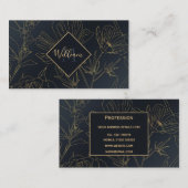 Elegant Blauw Goud Bloemen Botanisch Visitekaartje (Voorkant / Achterkant)