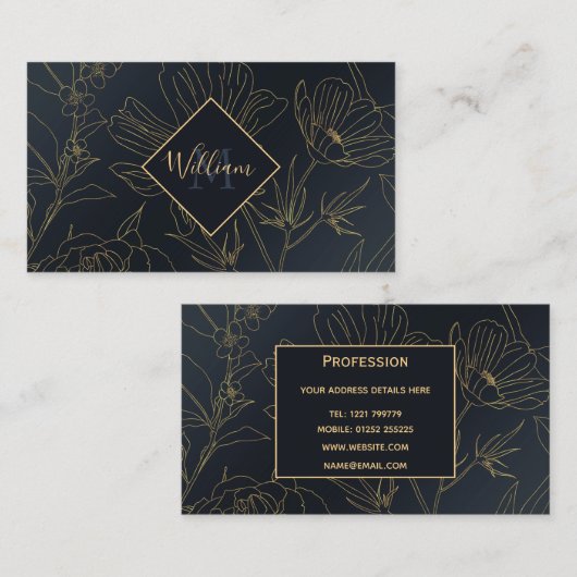 Elegant Blauw Goud Bloemen Botanisch Visitekaartje (Voorkant / Achterkant)