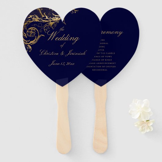 Elegant Blauw Goud Bloemen Damast Script Bruiloft Handwaaier (Voorkant en achterkant)