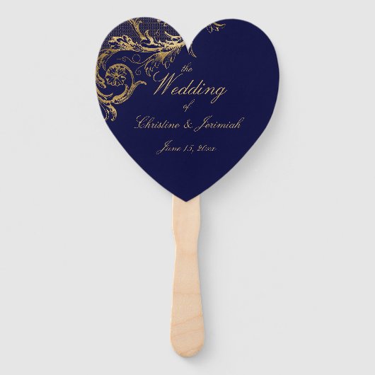 Elegant Blauw Goud Bloemen Damast Script Bruiloft Handwaaier (Voorkant)