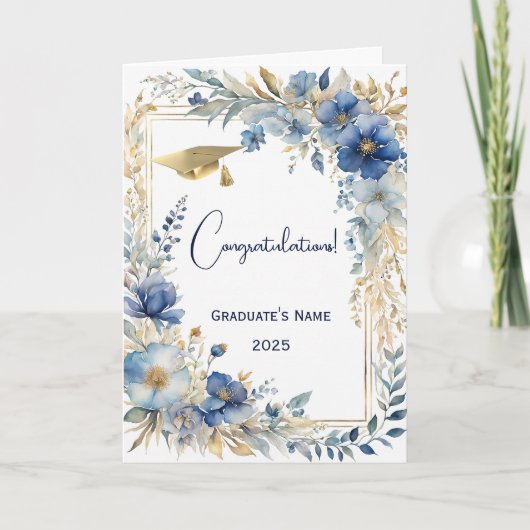 Elegant Blauw Goud Bloemen Gepersonaliseerd Afstud Kaart (Voorkant)