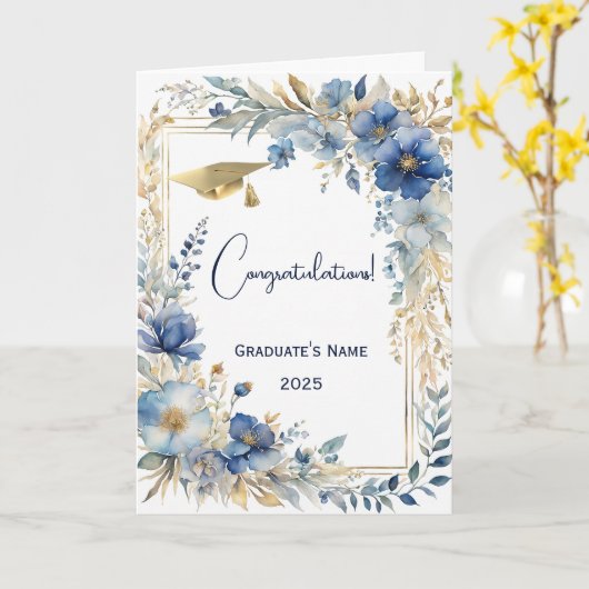 Elegant Blauw Goud Bloemen Gepersonaliseerd Afstud Kaart (Gele Bloem)