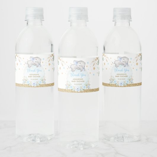 Elegant Blauw Goud Bloemen Jongen Baby Olifant Dou Waterfles Etiket (Flessen)
