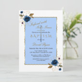 Elegant Blauw Goud Bloemen Jongen Doop Kaart (Staand voorkant)
