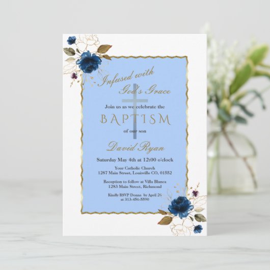 Elegant Blauw Goud Bloemen Jongen Doop Kaart (Staand voorkant)