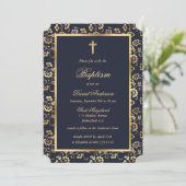 Elegant Blauw Goud Bloemen Jongen Doop Kaart (Staand voorkant)