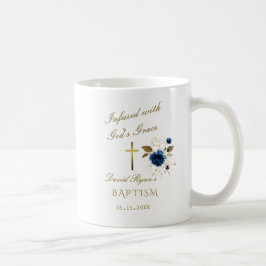 Elegant Blauw Goud Bloemen Kalligrafie Jongen Doop Koffiemok