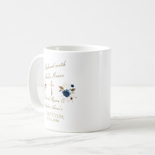 Elegant Blauw Goud Bloemen Kalligrafie Tweelingen  Koffiemok (Voorkant links)