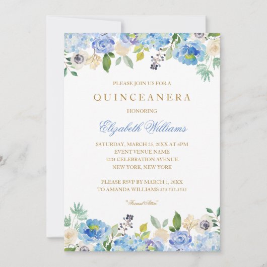 Elegant Blauw Goud Bloemen Quinceanera Uitnodiging (Voorkant)