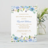 Elegant Blauw Goud Bloemen Quinceanera Uitnodiging (Staand voorkant)