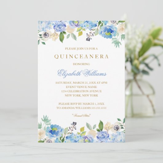 Elegant Blauw Goud Bloemen Quinceanera Uitnodiging (Staand voorkant)