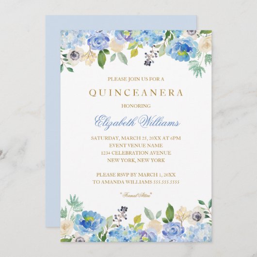 Elegant Blauw Goud Bloemen Quinceanera Uitnodiging (Voorkant / Achterkant)