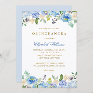 Elegant Blauw Goud Bloemen Quinceanera Uitnodiging