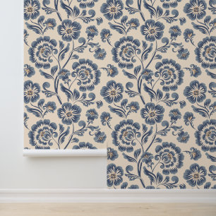 Elegant  Blauw Goud Bloemenpatroon Behang
