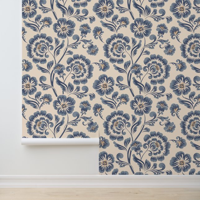 Elegant  Blauw Goud Bloemenpatroon Behang (Applicatie)