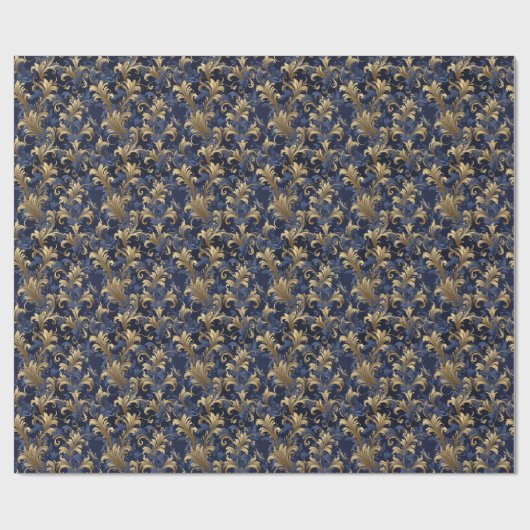 Elegant blauw goud  bloemmotief cadeaupapier (Vlak)
