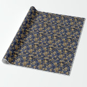 Elegant blauw goud  bloemmotief cadeaupapier (Uitgerold)
