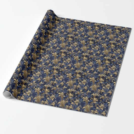 Elegant blauw goud  bloemmotief cadeaupapier (Uitgerold)