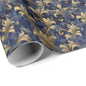 Elegant blauw goud  bloemmotief cadeaupapier (Rol Hoek)
