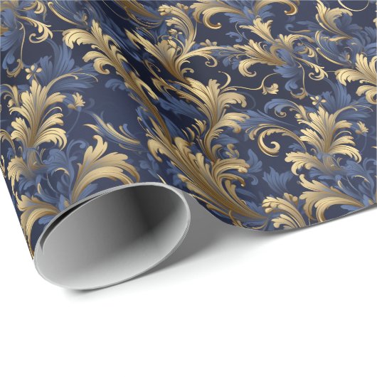 Elegant blauw goud  bloemmotief cadeaupapier (Rol Hoek)