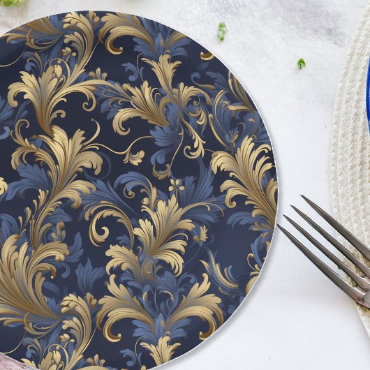 Elegant blauw goud bloemmotief papieren bordje