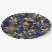 Elegant blauw goud bloemmotief papieren bordje (Gekanteld)