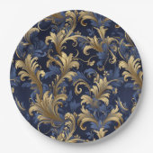 Elegant blauw goud bloemmotief papieren bordje (Voorkant)