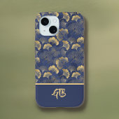 Elegant Blauw Goud Ginkgo Bladeren met Naam Monogr Case-Mate iPhone Case