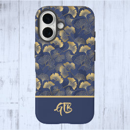 Elegant Blauw Goud Ginkgo Bladeren met Naam Monogr iPhone 16 Hoesje