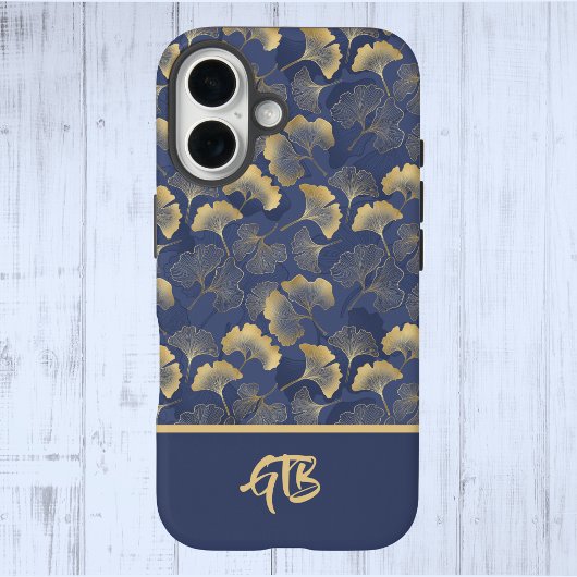Elegant Blauw Goud Ginkgo Bladeren met Naam Monogr Case-Mate iPhone Case