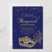 Elegant Blauw Goud Glitter Masquerade Quinceañera Kaart (Voorkant)