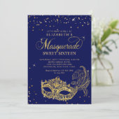 Elegant Blauw Goud Glitter Masquerade Sweet 16 Kaart (Staand voorkant)