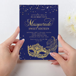Elegant Blauw Goud Glitter Masquerade Sweet 16 Kaart