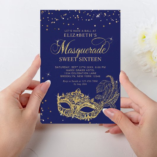 Elegant Blauw Goud Glitter Masquerade Sweet 16 Kaart