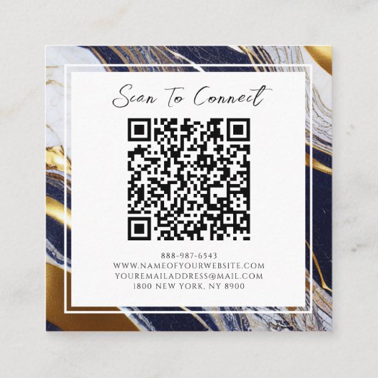 Elegant Blauw Goud Glitter QR Code Abstract Marmer Vierkante Visitekaartje (Achterkant)