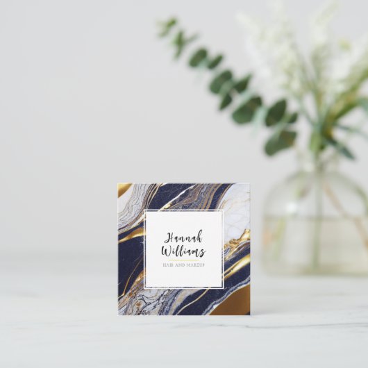 Elegant Blauw Goud Glitter QR Code Abstract Marmer Vierkante Visitekaartje (Staand voorkant)