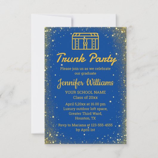 Elegant Blauw Goud Glitters Trunk Party afstuderen Kaart (Voorkant)