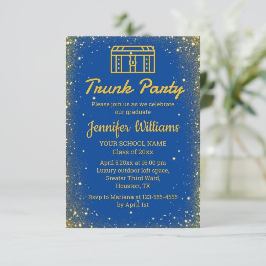 Elegant Blauw Goud Glitters Trunk Party afstuderen Kaart (Staand voorkant)