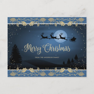 Elegant Blauw Goud Holly Script Vrolijk Kerstfeest Feestdagenkaart
