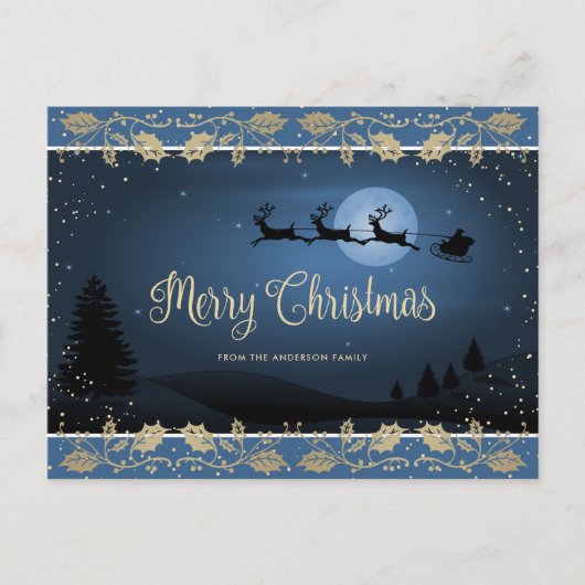 Elegant Blauw Goud Holly Script Vrolijk Kerstfeest Feestdagenkaart (Voorkant)